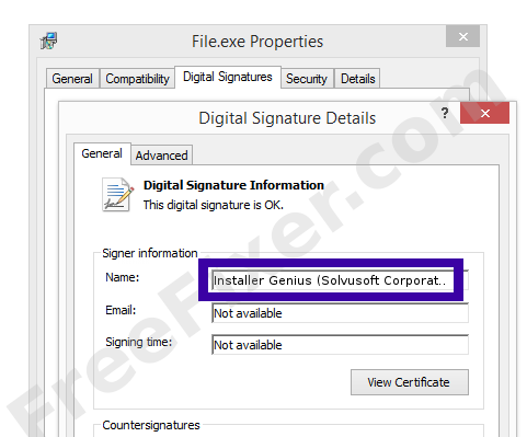 Screenshot of the Installer Genius (Solvusoft Corporation) certificate